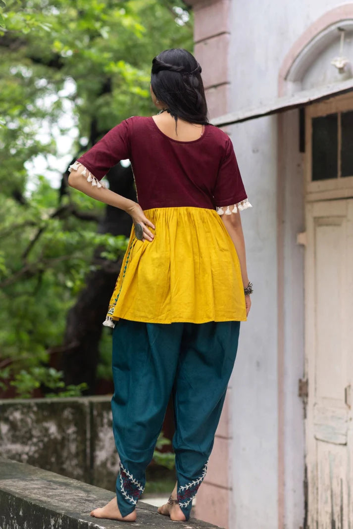 Navratri special wine embroidered kedia with Turqoise Blue dhoti set Garba dress Women's Navratri Wear