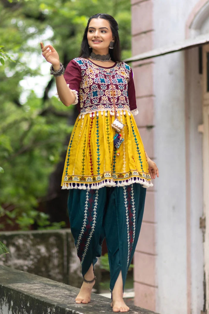 Navratri special wine embroidered kedia with Turqoise Blue dhoti set Garba dress Women's Navratri Wear