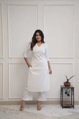 WOMEN PLAIN V-NECK KURTA SET