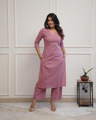 WOMEN PLAIN V-NECK KURTA SET