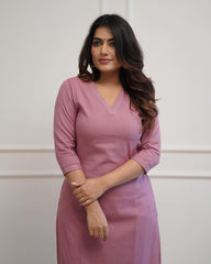 WOMEN PLAIN V-NECK KURTA SET