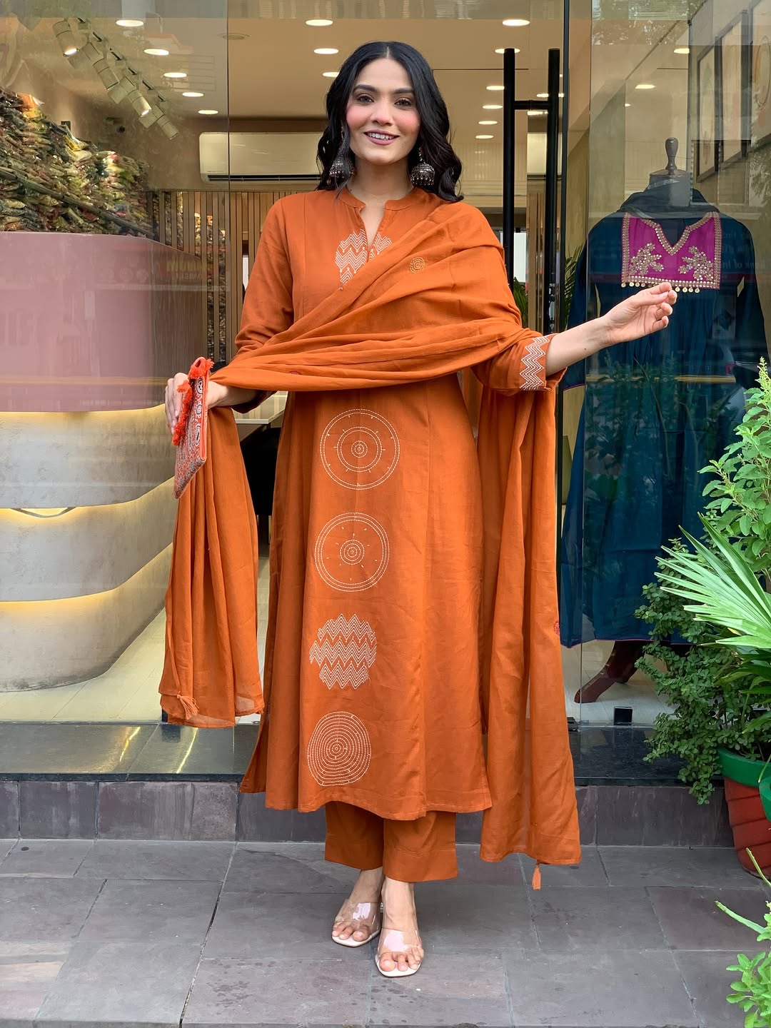 Mustered Festival Wear Cotton Suit Set