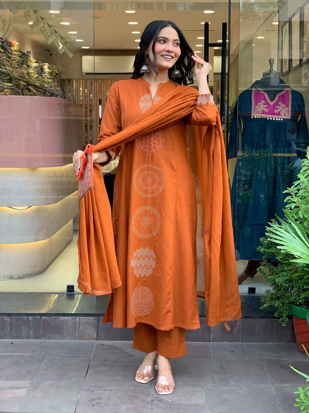 Mustered Festival Wear Cotton Suit Set