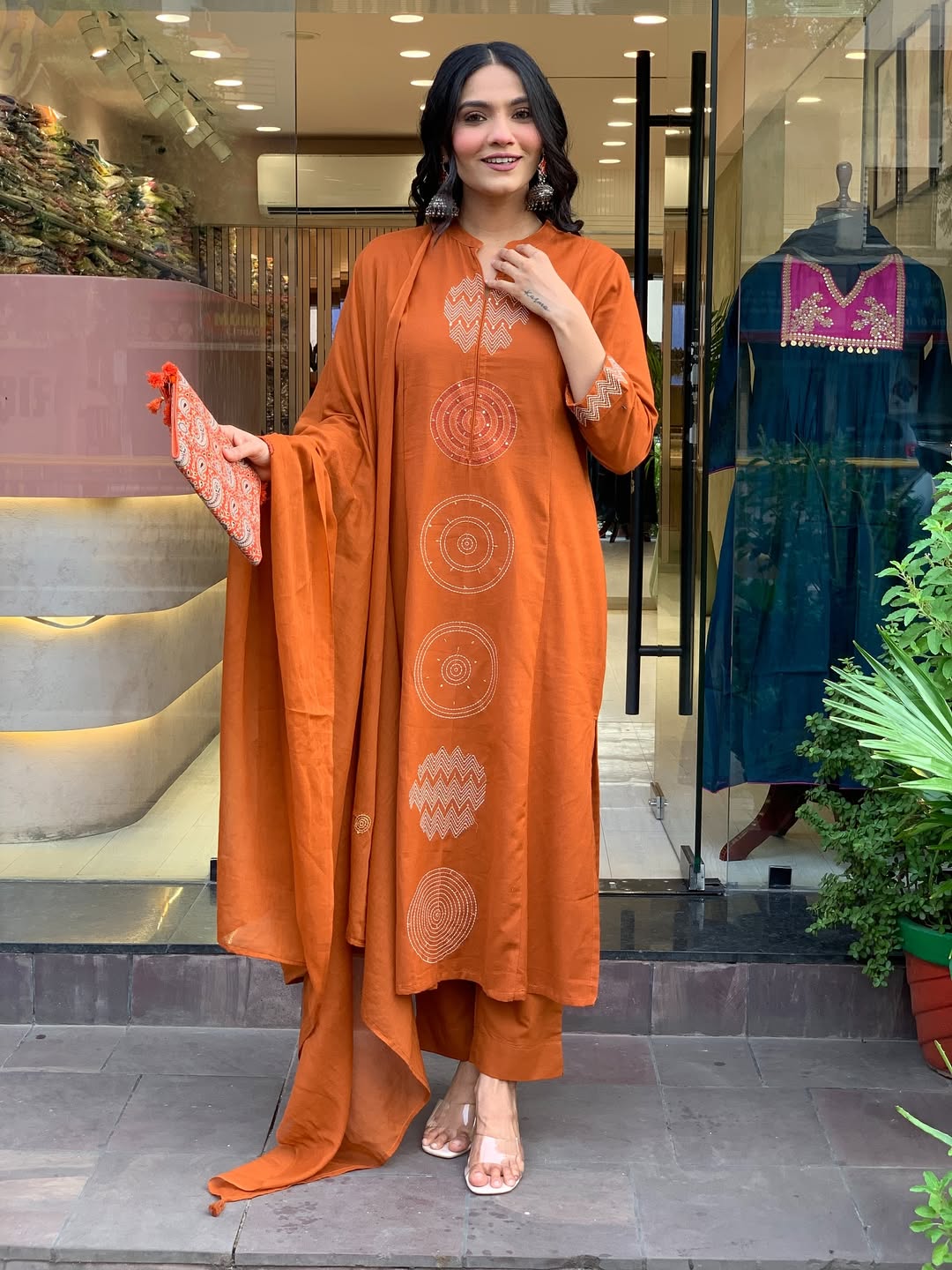 Mustered Festival Wear Cotton Suit Set