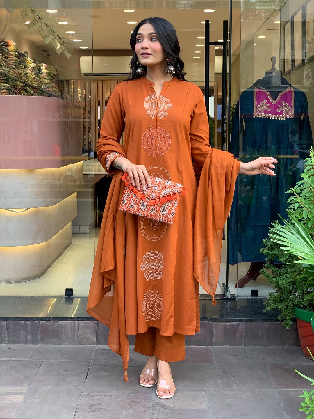 Mustered Festival Wear Cotton Suit Set