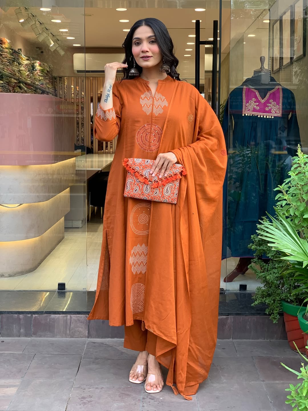 Mustered Festival Wear Cotton Suit Set
