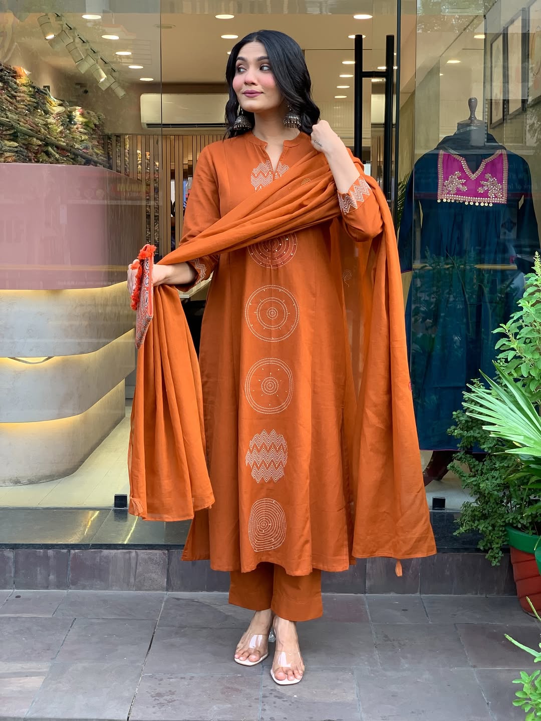 Mustered Festival Wear Cotton Suit Set