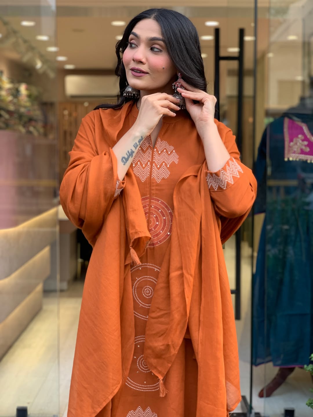 Mustered Festival Wear Cotton Suit Set
