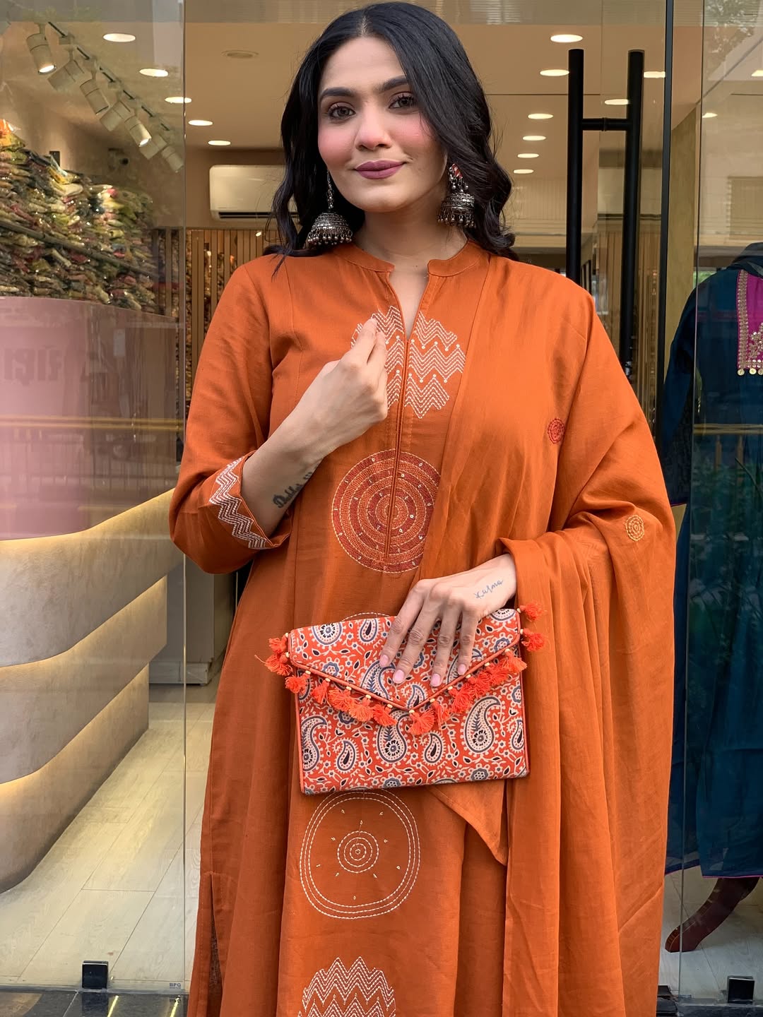 Mustered Festival Wear Cotton Suit Set