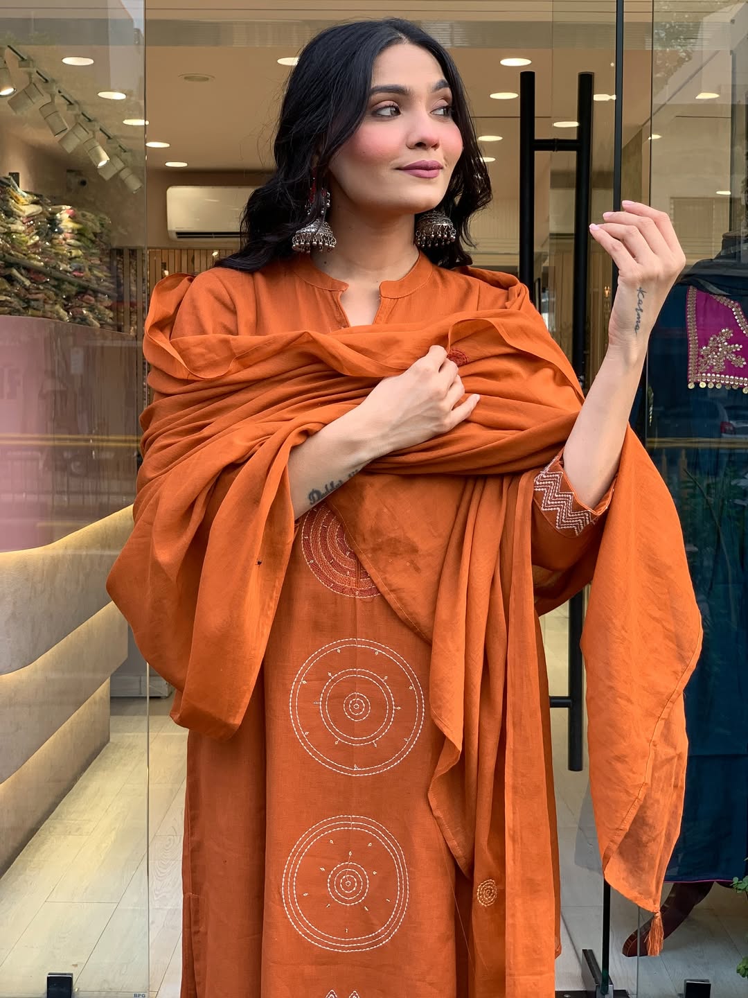 Mustered Festival Wear Cotton Suit Set