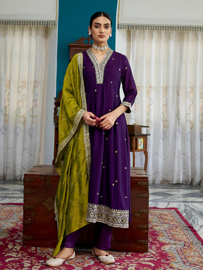Violet Embroidered Silk Anarkali Kurta With Dupatta Set