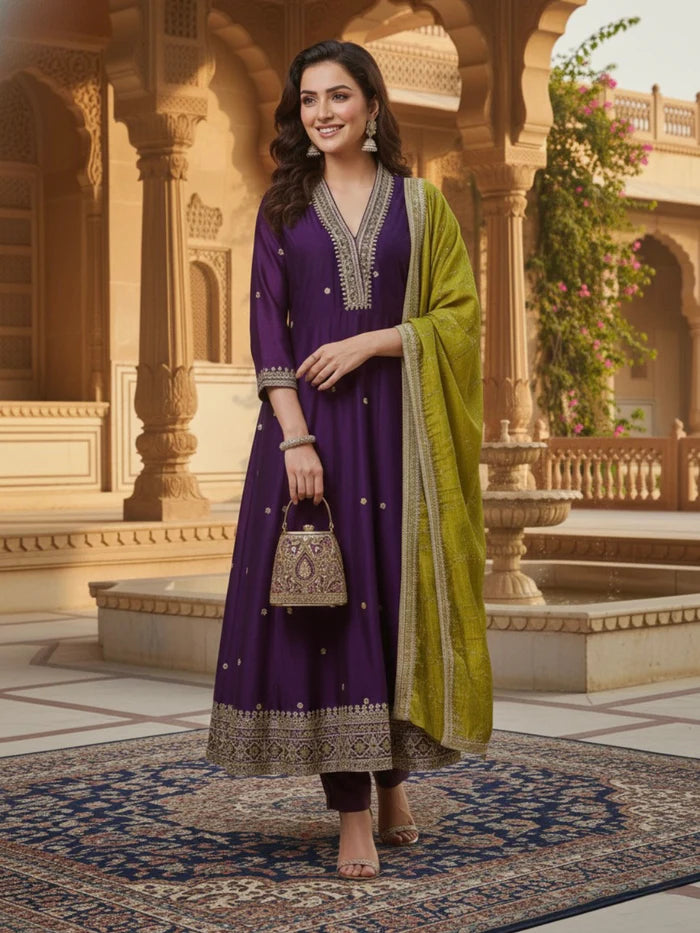 Violet Embroidered Silk Anarkali Kurta With Dupatta Set