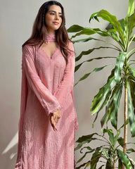 Peach Georgette Kurti With Pant And Dupatta