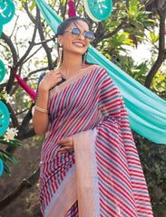 Multicolor Striped Printed Cotton Saree With Tassels