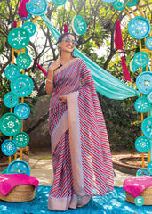 Multicolor Striped Printed Cotton Saree With Tassels