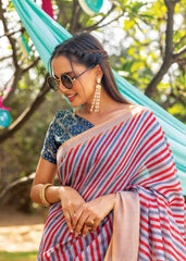 Multicolor Striped Printed Cotton Saree With Tassels