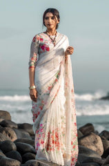 White Floral Digital Printed Linen Saree