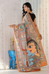 Women Hand-painted Shiv Parvati Cotton Linen Saree