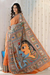 Women Hand-painted Shiv Parvati Cotton Linen Saree