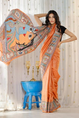 Women Hand-painted Shiv Parvati Cotton Linen Saree