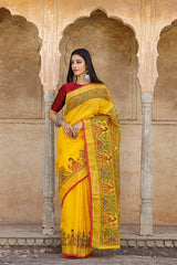 Yellow hand-painted pure linen saree