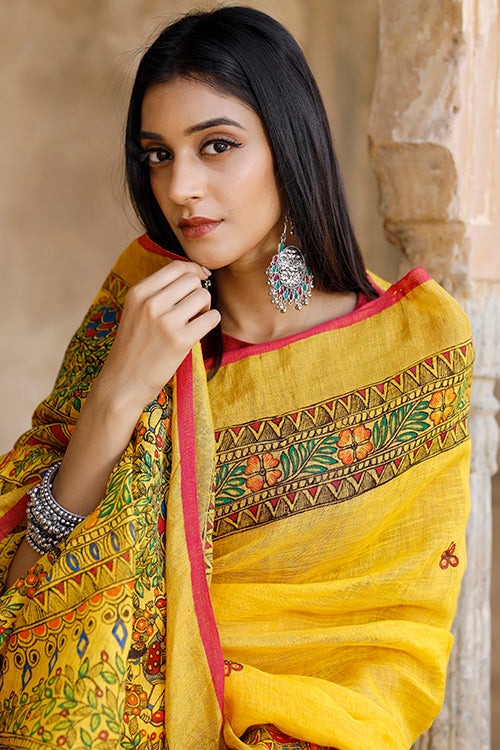 Yellow hand-painted pure linen saree