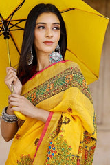 Yellow hand-painted pure linen saree