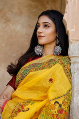 Yellow hand-painted pure linen saree