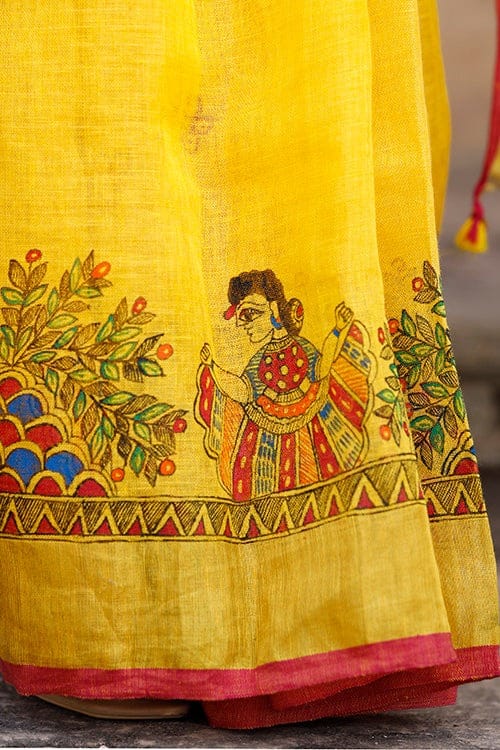 Yellow hand-painted pure linen saree