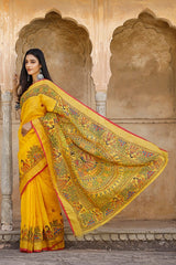 Yellow hand-painted pure linen saree