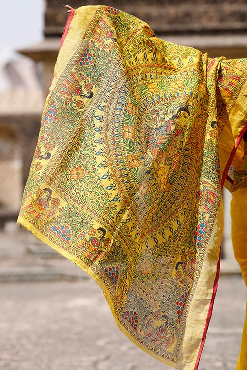 Yellow hand-painted pure linen saree