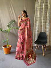 Pink Kalamkari Print Cotton Occasion Saree With Blouse