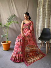 Pink Kalamkari Print Cotton Occasion Saree With Blouse