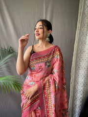 Pink Kalamkari Print Cotton Occasion Saree With Blouse