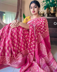 PINK HAND BLOCK PINTED COTTON SAREE