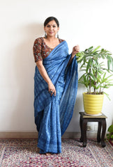 BLUE LINEN PRINTED SAREE