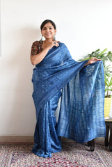 BLUE LINEN PRINTED SAREE