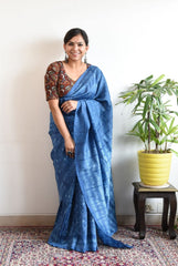 BLUE LINEN PRINTED SAREE