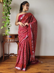 RED LINEN SAREE WITH SILVER ZARI BORDER