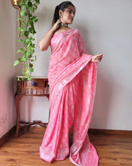 PINK LINEN SAREE WITH SILVER ZARI BORDER