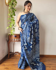 BLUE LINEN SAREE WITH SILVER ZARI BORDER