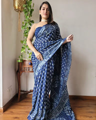 BLUE LINEN SAREE WITH SILVER ZARI BORDER