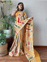 YELLOW LINEN SAREE WITH SILVER ZARI BORDER