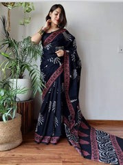 NAVY BLUE LINEN SAREE WITH SILVER ZARI BORDER