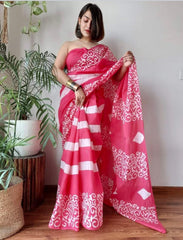 PINK LINEN SAREE WITH SILVER ZARI BORDER