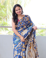 BLUE LINEN PRINTED SAREE