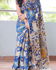 BLUE LINEN PRINTED SAREE