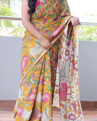 YELLOW LINEN PRINTED SAREE