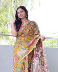 YELLOW LINEN PRINTED SAREE