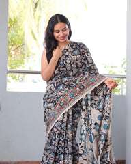 BLACK LINEN PRINTED SAREE